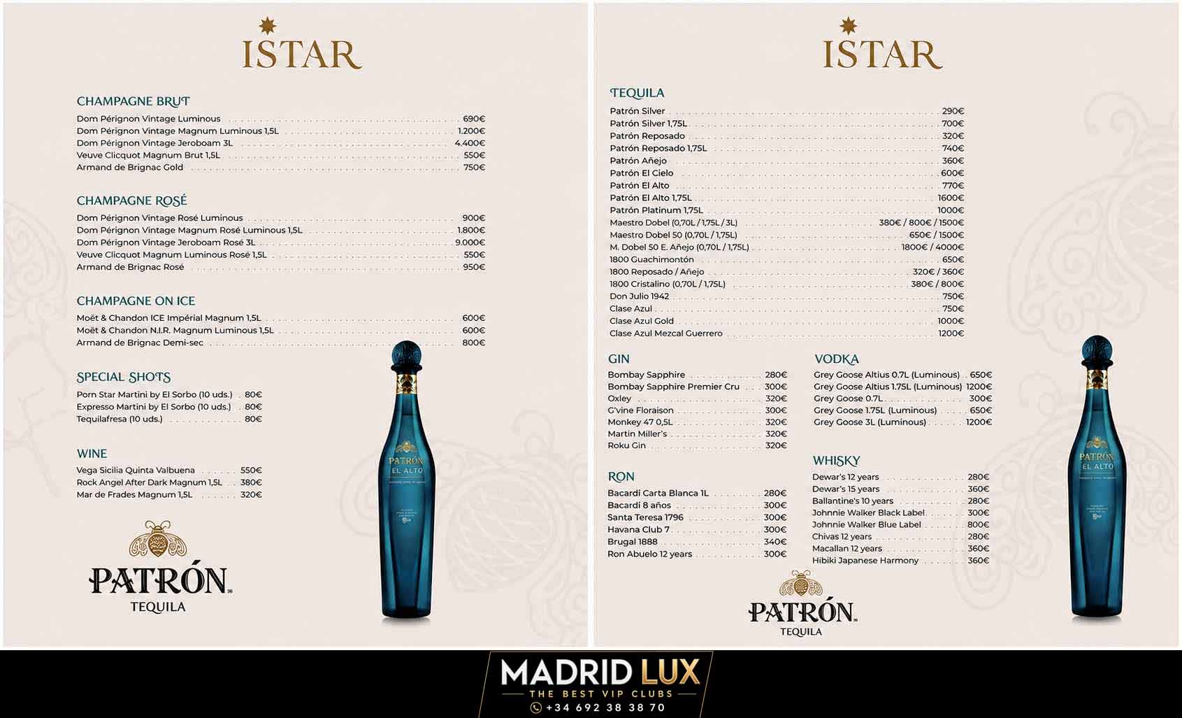 carta precios istar madrid mesas vip